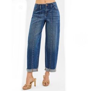 Risen Double CopperButton High Rise Medium Wash Ankle length barrel Leg Jeans